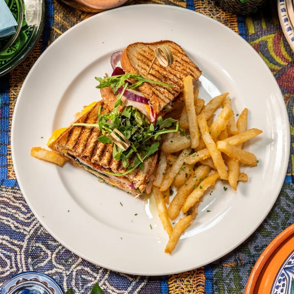 Grilled sandwich with arugula, red onion, and fries on a white plate with a colorful tablecloth.