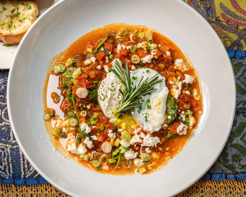 Shakshuka with poached eggs, feta, green onions, and rosemary in a white bowl, with garlic bread.
